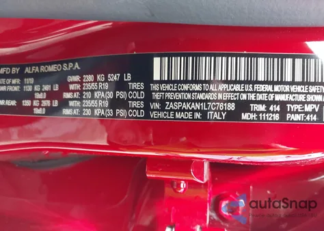 2020 Alfa Romeo Stelvio z USA, uszkodzony, nr VIN ZASPAKAN1L7C76188